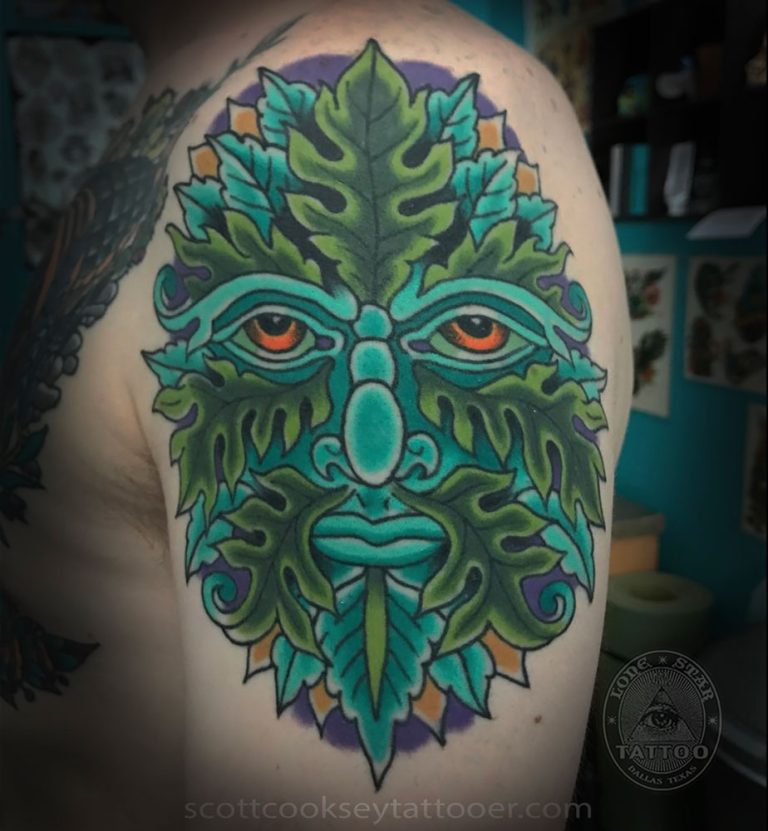 Traditional green man nature mythology tattoo by Scott Cooksey