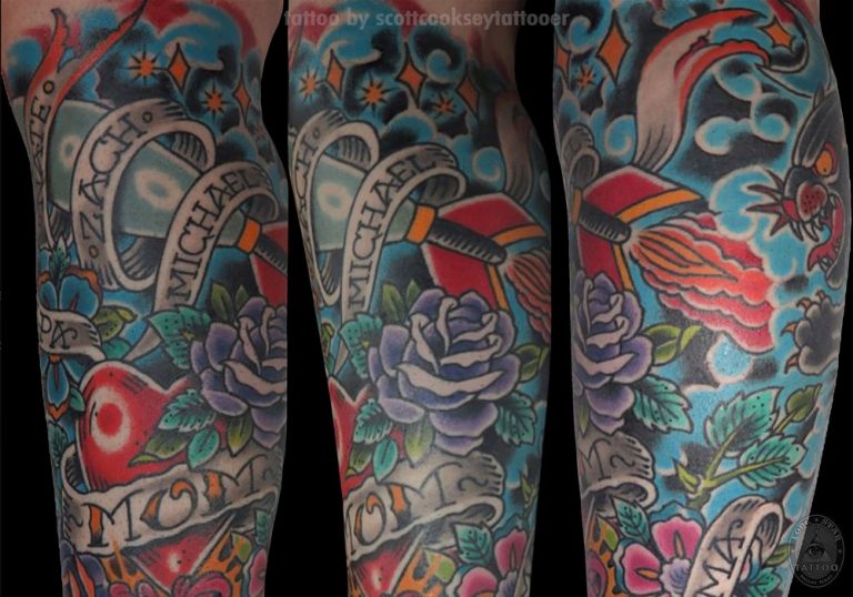 Traditional mom heart rose rocket tattoo by Scott Cooksey