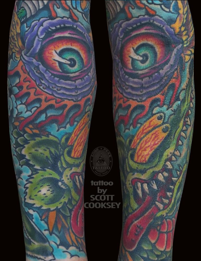 Traditional rat fink all seeing eye dragon tattoo by Scott Cooksey