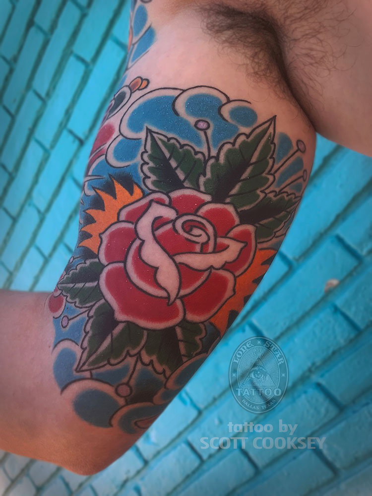 traditional tattoo dallas red rose clouds