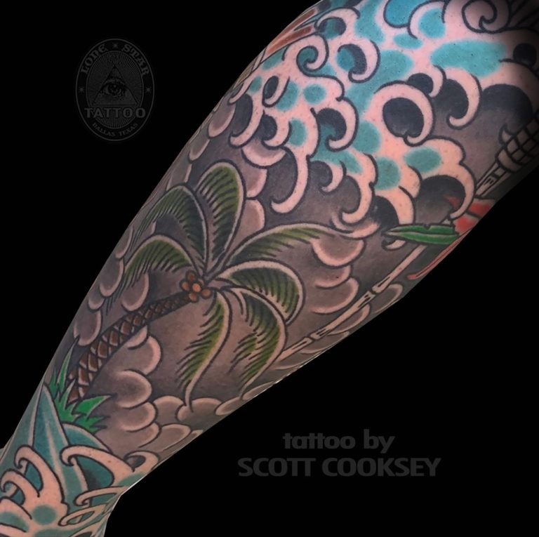 Traditional sleeve palm tree waves tattoo by Scott Cooksey