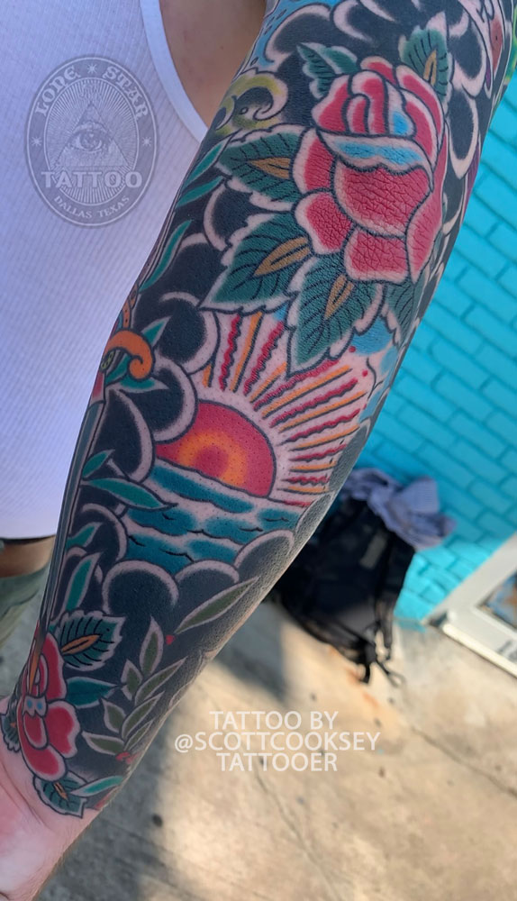 traditional tattoo dallas sleeve sun rise rose