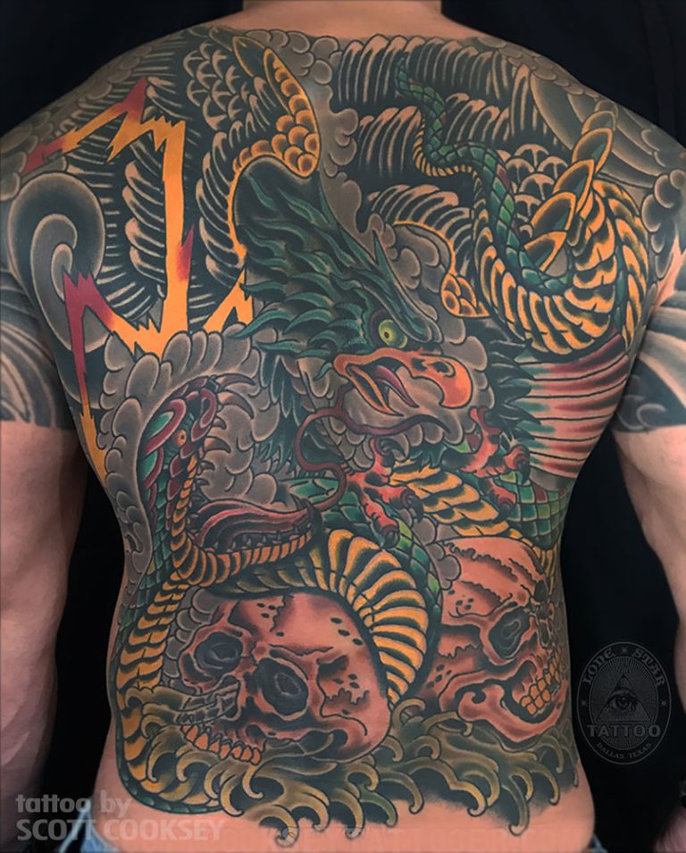 Traditional snake eagle back piece skull tattoo by Scott Cooksey