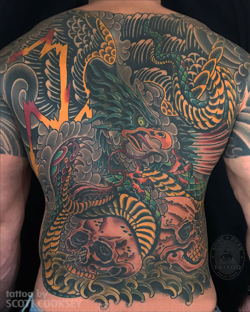 traditional tattoo dallas snake eagle back piece skull