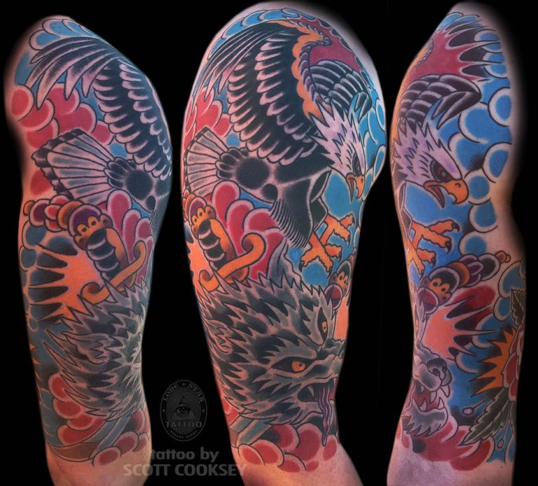 Traditional wolf eagle sleeve dagger tattoo by Scott Cooksey