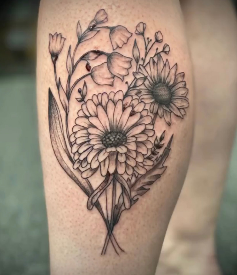 dallas tattoo blackwork fineline flowers gray