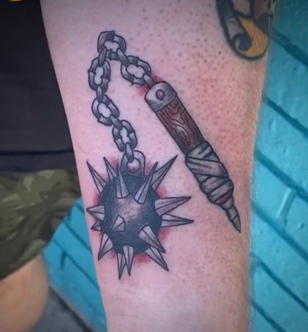 dallas tattoo blackwork fineline mace weapon traditional