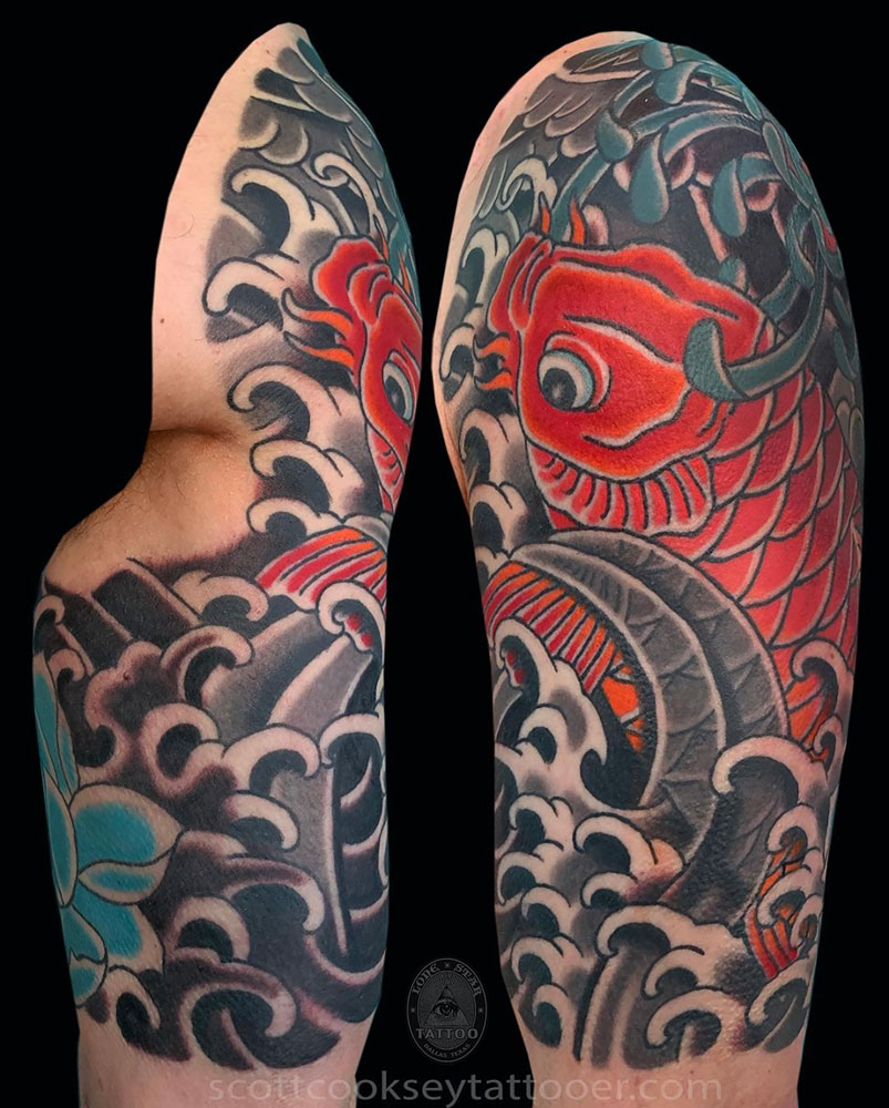 Japanese koi, chrysanthemum and lotus sleeve tattoo