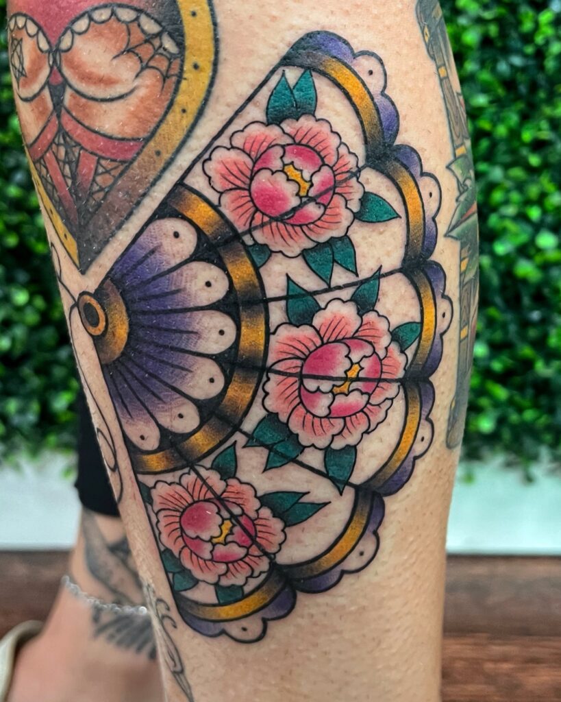 Japanese fan and peony tattoo