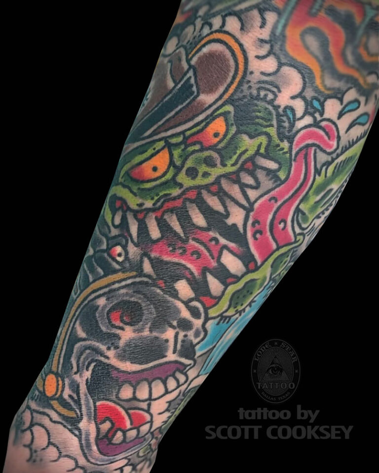 Traditional rat fink cowboy tattoo by Scott Cooksey